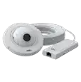 White camera with round shape and cables leading to a small box.